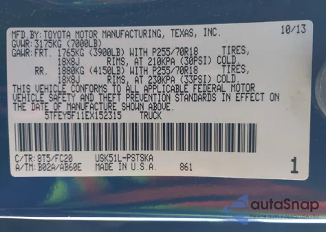 2014 Toyota Tundra Sr5 5.7L V8 z USA, uszkodzony, nr VIN 5TFEY5F11EX152315